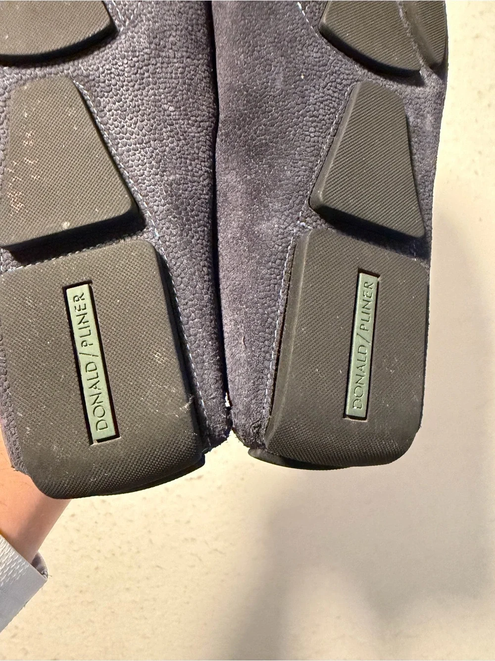 Donald J. Pliner Navy Suede Penny Loafers with Light Blue Stitching
